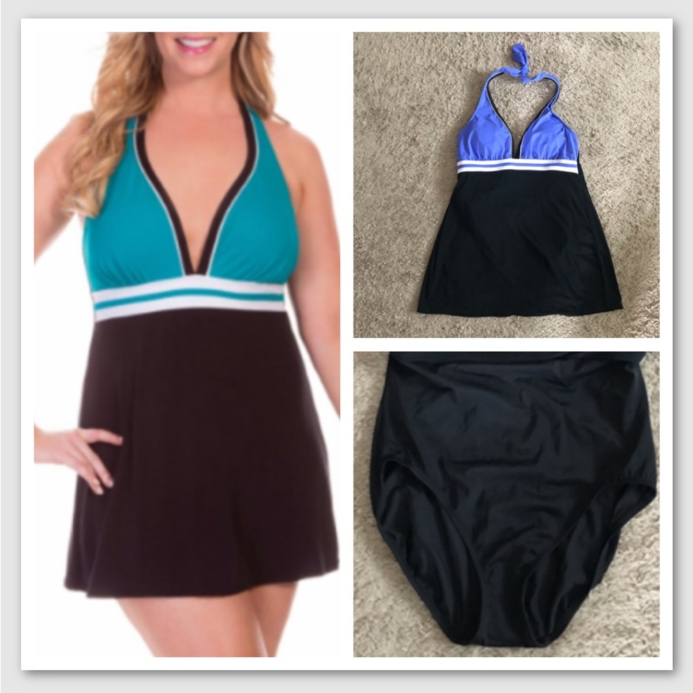 NEW Catalina Blue Black 1-pc Swimsuit Bathing Dress Sz Large L Modest Halter Top